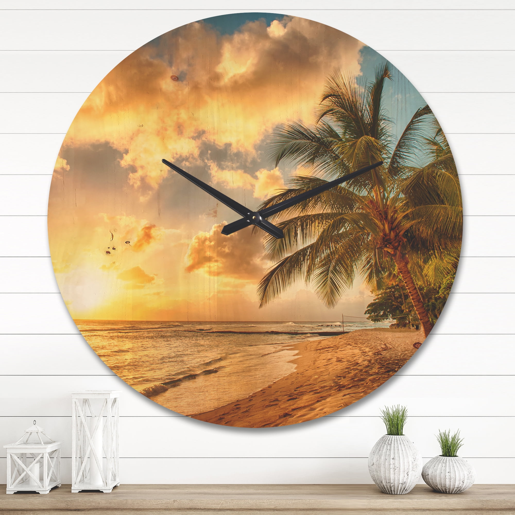 Designart 'Beautiful Beach of Island Barbados ' Modern Wood Wall Clock