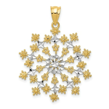 Yellow Gold Starburst - Solid 14k Yellow and White Gold Two Tone Diamond-Cut Starburst Snowflake Pendant (26mm x 33mm)