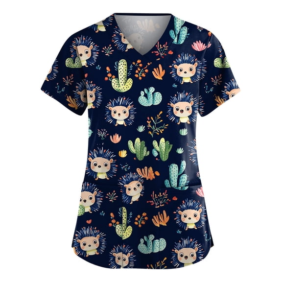 Women Cute Cartoon Print Scrub Tops Stretch V-Neck Short Sleeve Nursing Uniform with Pockets Blue 5XL