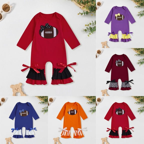 Pandaie Baby Girl Romper Newborn Football Embroidery Ruffle One Piece Jumpsuit Infant Fall Cute Clothes Blue,6-12 Months