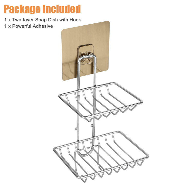 2 Tier Soap Dish Holder, EEEkit Stainless Steel Double Layers Soap Holder  With Hooks, Wall-mounted Bar Soap Sponge Storage Organizer for Shower
