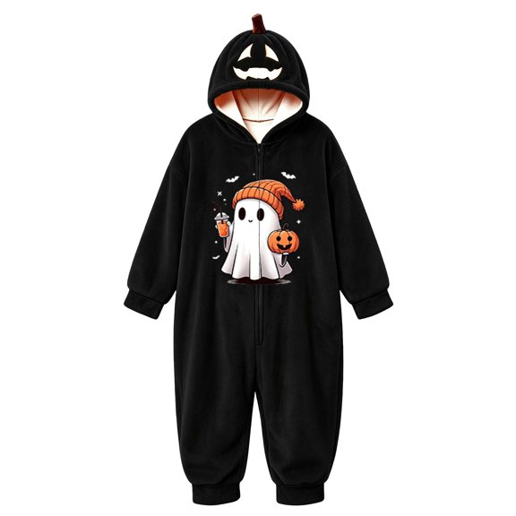 BOOMNY Halloween Flannel Pajamas Jumpsuit for Men And Women Hallowmas Pumpkin Face Graphic Long Sleeve Hooded Pjs Jumpsuit Cozy Warm Loungewear Homewear