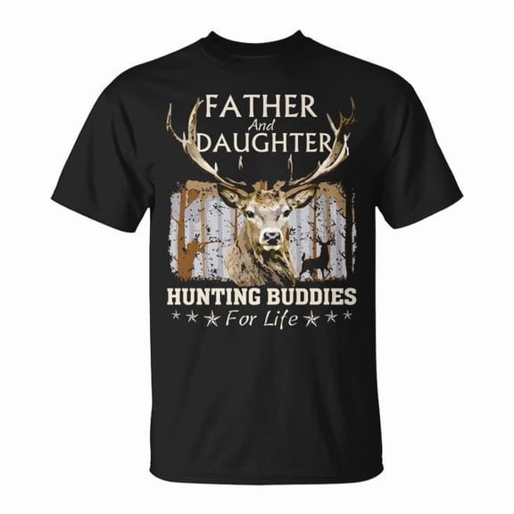 Father and Daughter Hunting Buddies Graphic Tee Unisex Adult Cotton Hunters Matching Design T-Shirt for Outdoor Adventure Casual Wear, Size M, Color Black