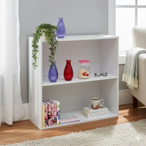 White Two-Tier Modern Open Shelf Bookcase For Living Room Home Office Compact Storage Organizer