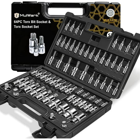 

HJY 64-Piece Master-Torx-Automotive-Mechanics-Tool | 3/8 1/4 1/2 in. Drive Torx Bit Socket Set and External Torx Socket Set w./ Impact Adapter and Reducer | S2 and Cr-V Steel