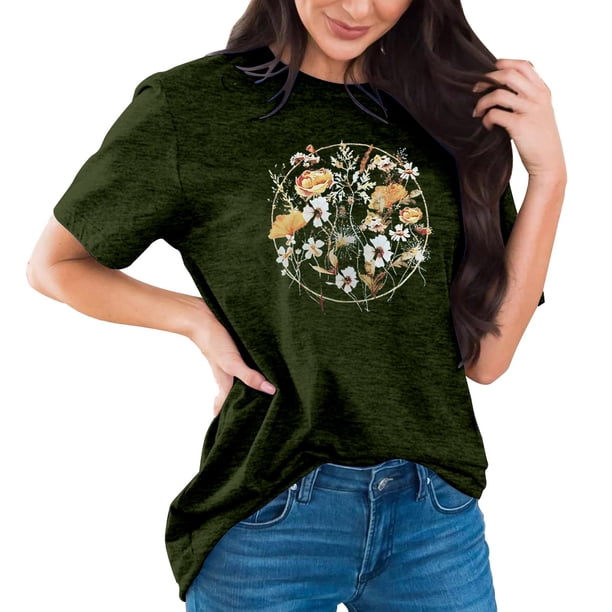 Ploknplq Plus Size Graphic Tees for Women,Shirts for Women,T Shirts for Women,Dandelion Graphic T Shirts Teen Sunflower Print Tops,Graphic T-shirts,Beach Vacation Clothes for Women Army Green 1 2XL