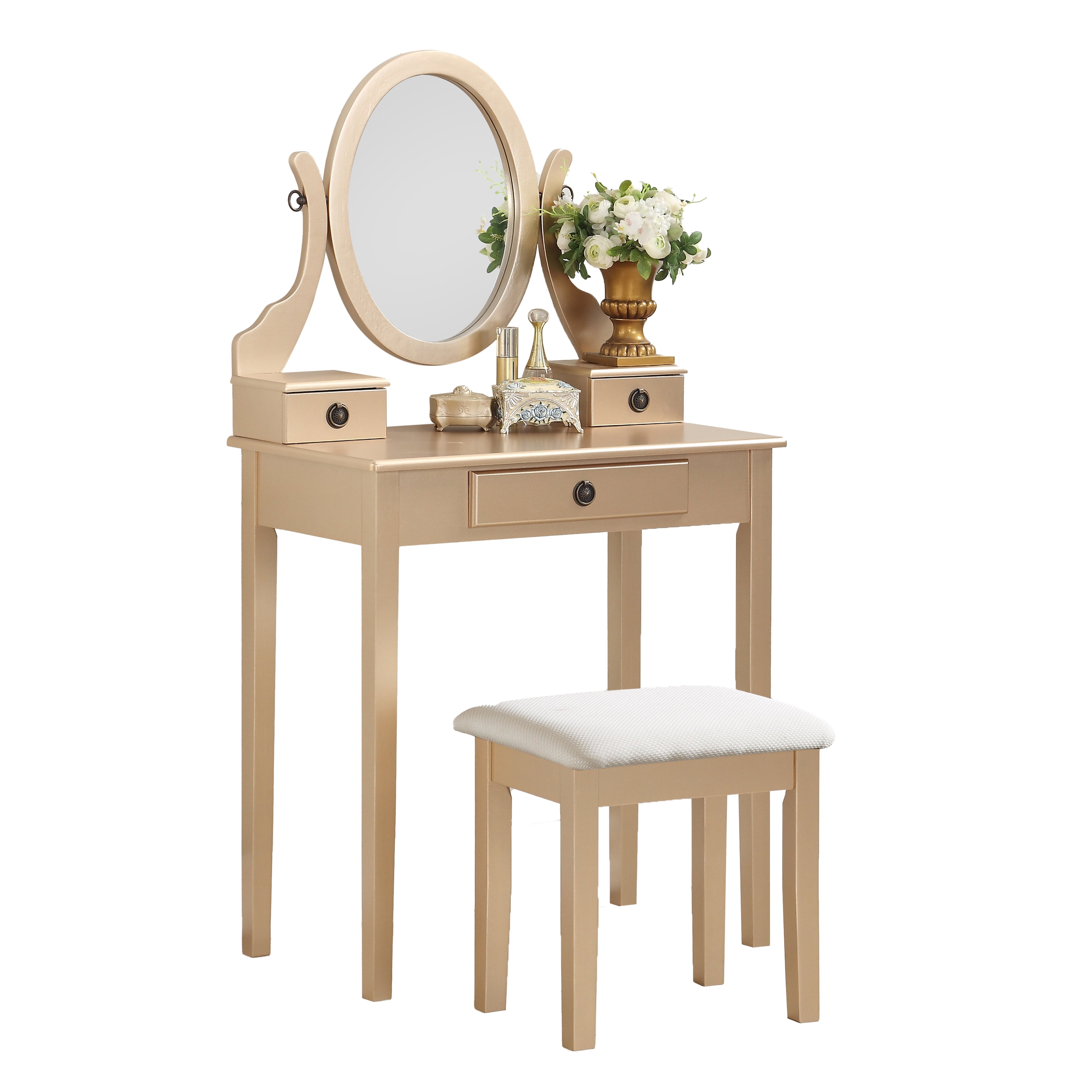Mintazer Vanity Table Set with Adjustable Oval Mirror & Cushioned Stool, Makeup Dressing Table with 3 Drawer for Bedroom, Gold