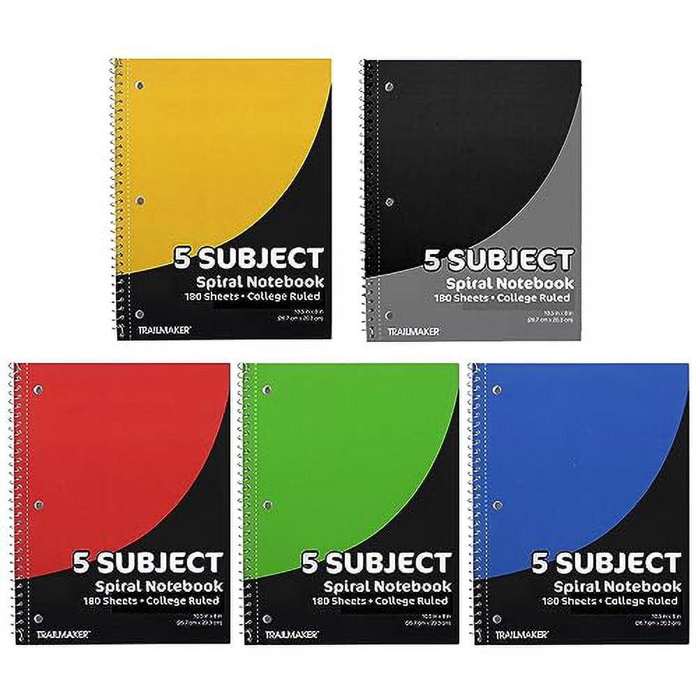 20 Pack of Bulk Wholesale 5-Subject 180 Sheet White Lined Paper Spiral Notebooks in Assorted Colors - 20 Count 5-Subject 180 Sheet Lined Paper Spiral Notebooks in Black, Red, Yellow, Green, Blue