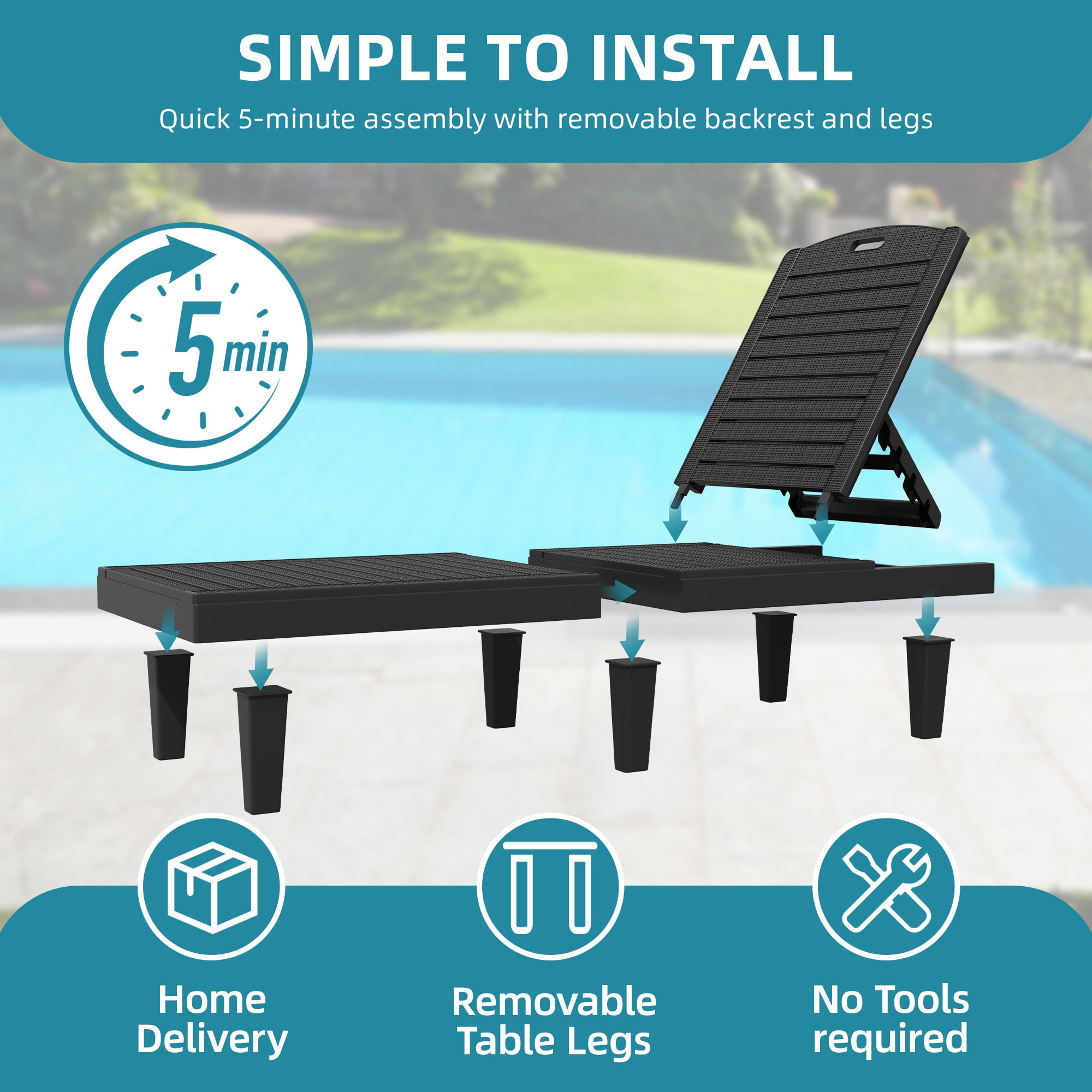 Uforic 2 Pack Adjustable Outdoor Chaise Lounge Chairs, 5-Position Reclining Plastic Pool Lounger with Soft Cushion, Waterproof Easy Assembly Patio Recliner for Poolside Backyard Garden, Grey