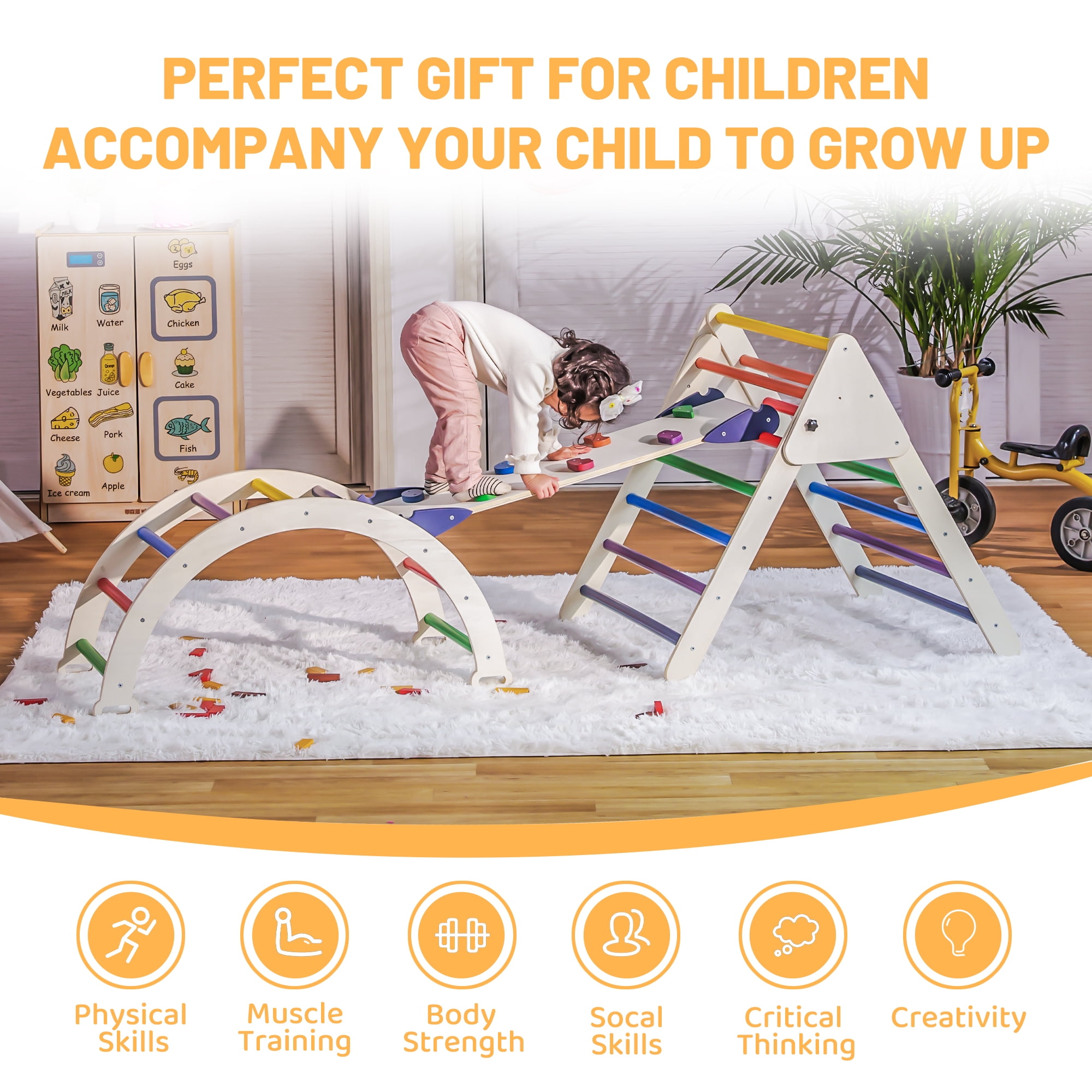 4-in-1 Wooden Pikler Climbing Triangle Foldable Pikler Triangle Ladder with Rock Climbing Ramp and Pikler Arch,Montessori Climber Ladder Slide,Playground for Toddlers and Kids 18m-6yrs