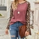 thumbnail image 2 of Blusa de manga larga con estampado de leopardo y cuello redondo para mujer, estilo informal, para citas, rojo vino M, 2 of 6
