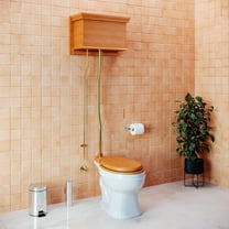 Renovators Supply High Tank Pull Chain Toilet w/Light Oak Wooden Flat High Tank 59" to 74" Adjustable Height Brass Z Pipe and Round Toilet Bowl