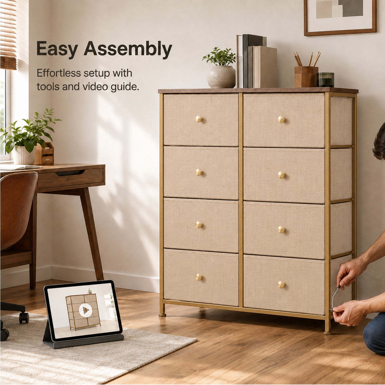 Alvantor 8/9 Drawer Fabric Dresser, Storage Tower for Bedroom and Closet, Chest of Drawers with Sturdy Steel Frame & Wooden Top for Living Room, Entryway