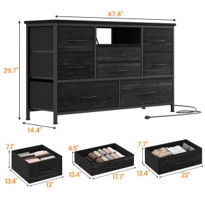 EastVita Meuble Télé de 47,4 Po à 8 Tiroirs pour Télé jusqu'à 50 Po, Commode à Tiroirs avec Lumière DEL RVB et Prise de Courant, Commode pour Couloir, Centre de Divertissement avec Rangement pour Salon, Saule Noir