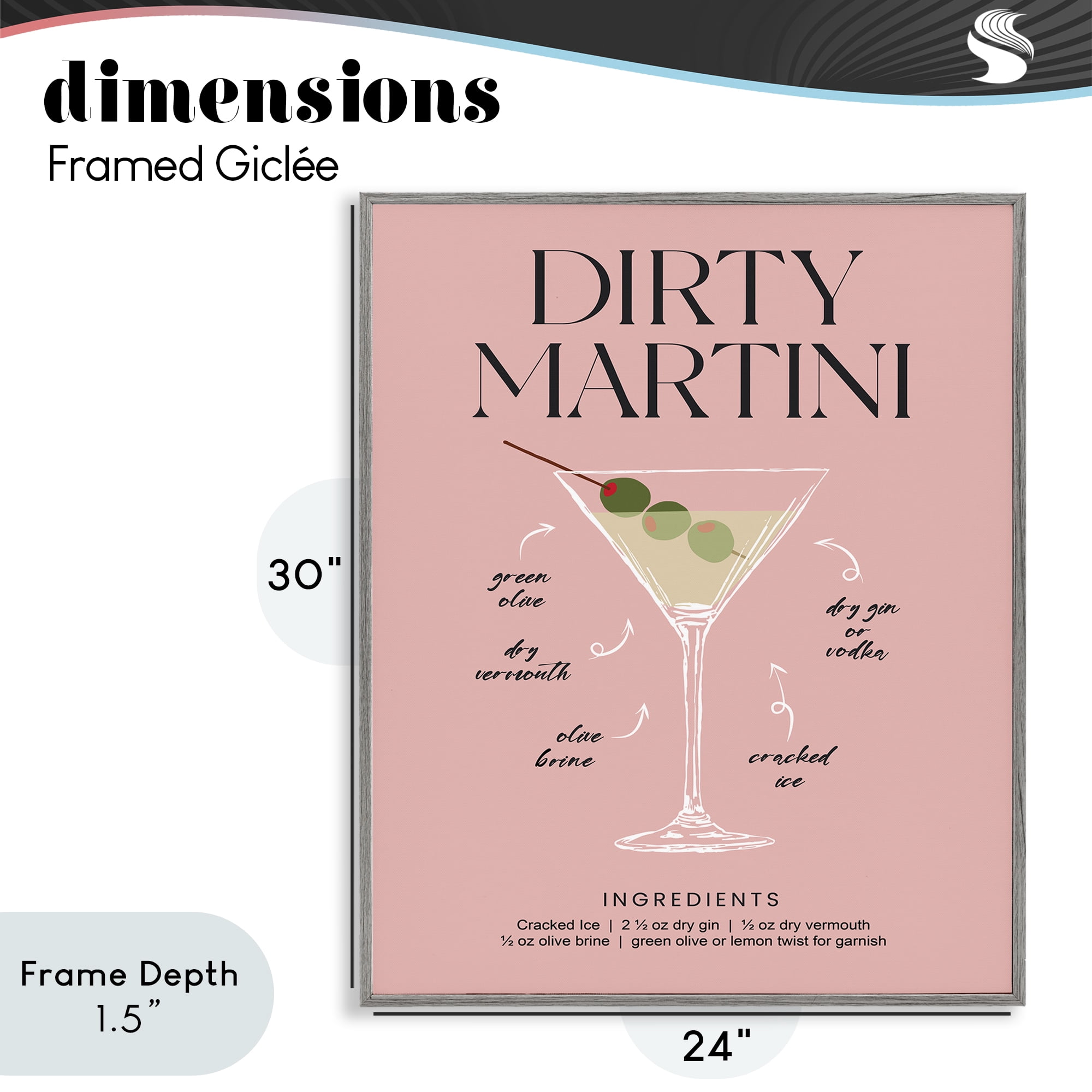 Stupell Industries Dirty Martini Pink Recipe Gray Framed Giclee Art, design by Lettered and Lined