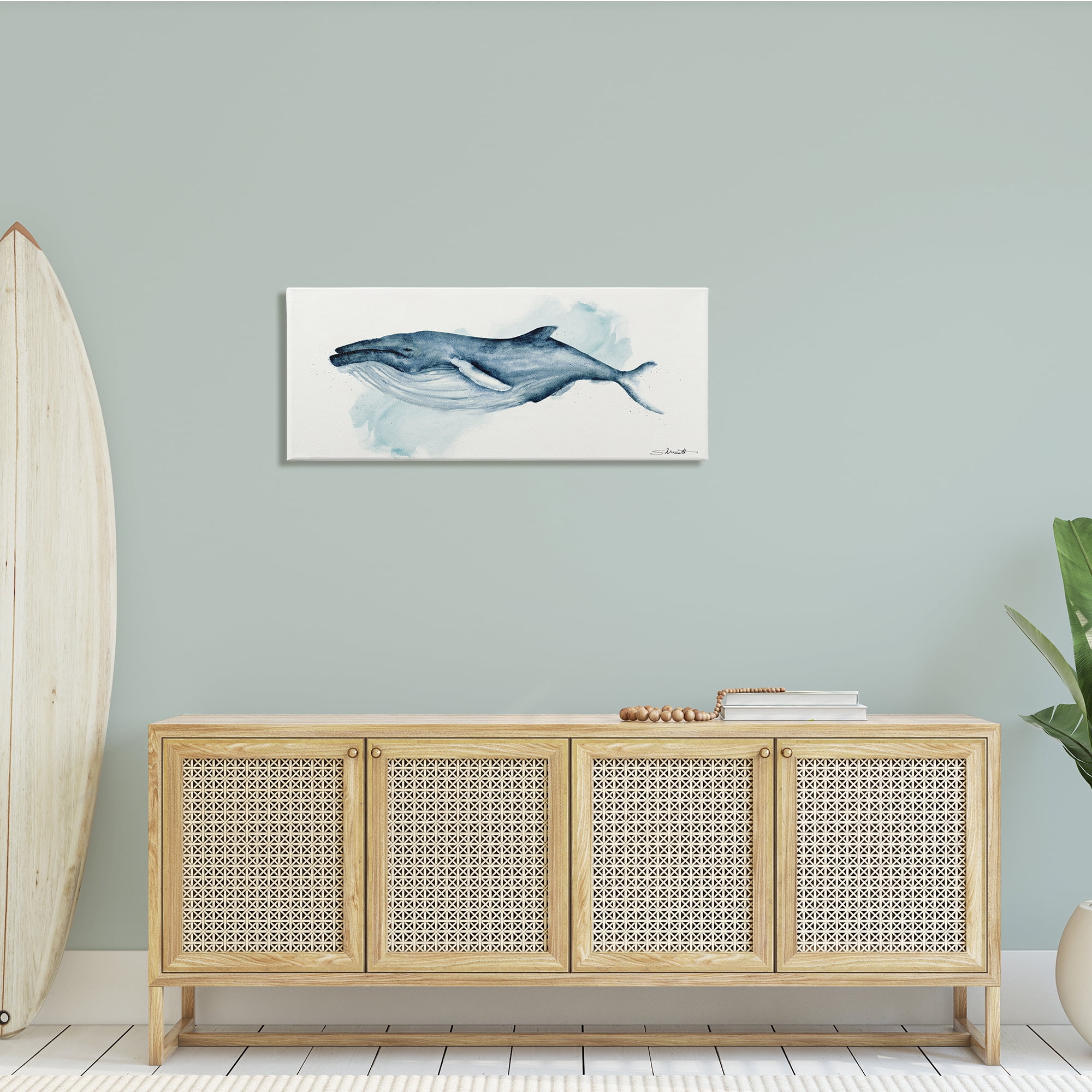 Stupell Industries Serene Humpback Whale Watercolor Painting Blue Nautical Animal, 40 x 17, Design by Stephanie Workman Marrott