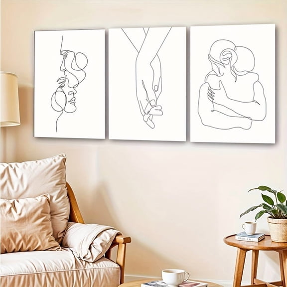 2D Flat, 3pcs Decorative Canvas Art Set, 2D Frameless High-Quality Prints - Modern Line Art Couple Embrace Wall Decor for Bedroom, Living Room & Home Office