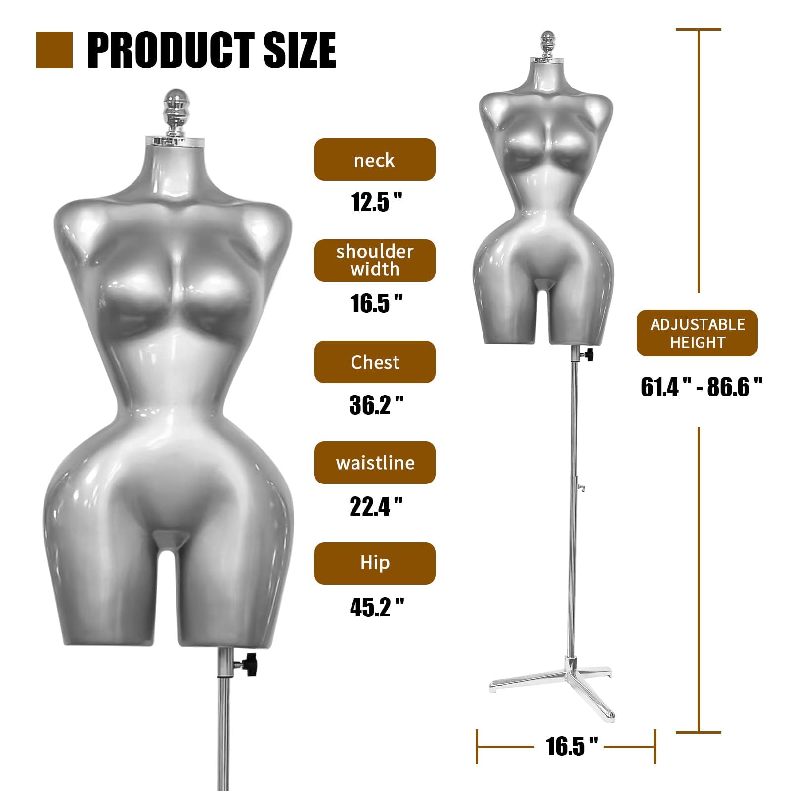 Female Mannequin Torso,Dress Form Manikin with Metal Stand Base, Suitable for Clothing and Jewelry Display (Silver)