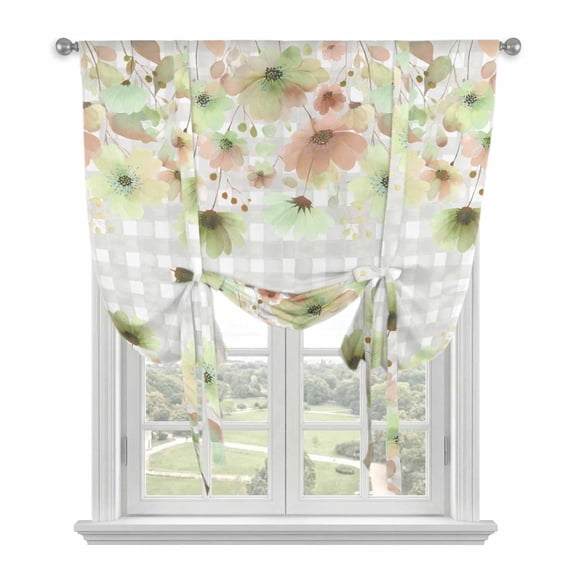 Green Floral Balloon Curtains for Living Room/French Door, Spring Flowers Botanical Gray and White Plaid Tie Up Curtains 63 Inch Length Energy Saving Kitchen Curtains Shades for Windows 42"x63"