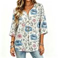 thumbnail image 2 of Asgosdo Women Tops Shirts Blue Pink Peony Floral Vine Print Notched V Neck Decorative Button 3/4 Sleeve Loose Flowy Polyester Casual Blouses Multi Color Four Season Womens Tops, 2 of 5