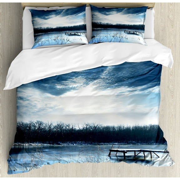Winter Duvet Cover Set, Landscape Scenery of Mountain Lake with a Frozen Bay Sunset, Decorative 3 Piece Bedding Set with 2 Pillow Shams, Queen Size, Purple Grey Slate Blue, by Ambesonne