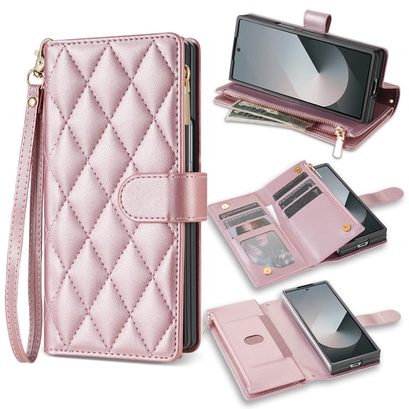 for Samsung Galaxy Z Fold 4 Case with [Diamond Ring and Metal Ring Buckle] Luxury PU Leather Protective Case Slim Lightweight Shockproof Phone Cover for Samsung Galaxy Z Fold 4, Rosegold