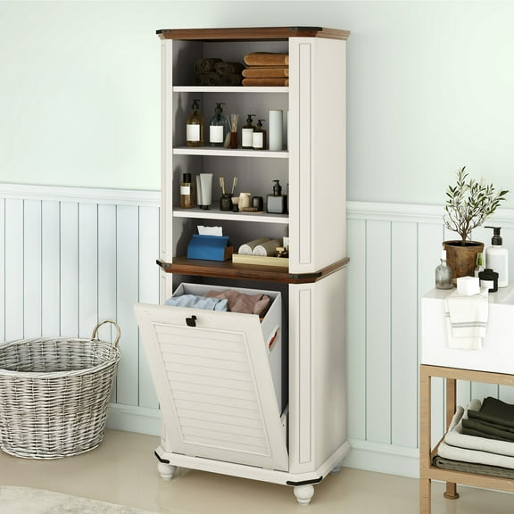 DEXTRUS Laundry Hamper Cabinet with Storage Shelves, Storage Cabinet with Laundry Basket, White