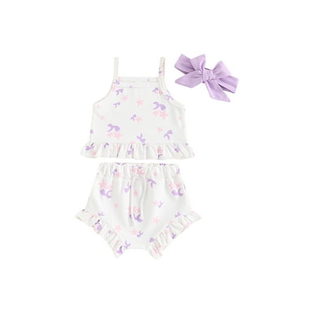 

vera natura Baby Girls Summer Outfits Star Print Ruffled Hem Cami Tops with Shorts and Bow Headband 3Pcs Set