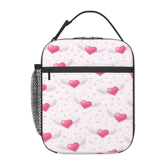 Pink Winged Heart Lunch Bag Portable Thermal Lunch Box for Men and Women