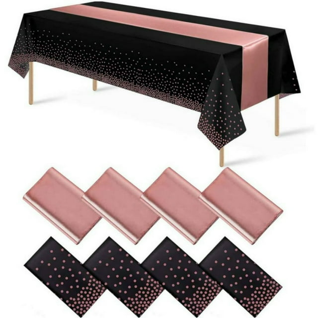 1 Pack Plastic Table Cloth Cover + 1 Pack Satin Table Runner for Parties Disposable Tablecloth for Rectangle Tables Birthday Wedding Graduation Mather Valentine‘s Day Christmas Party Su