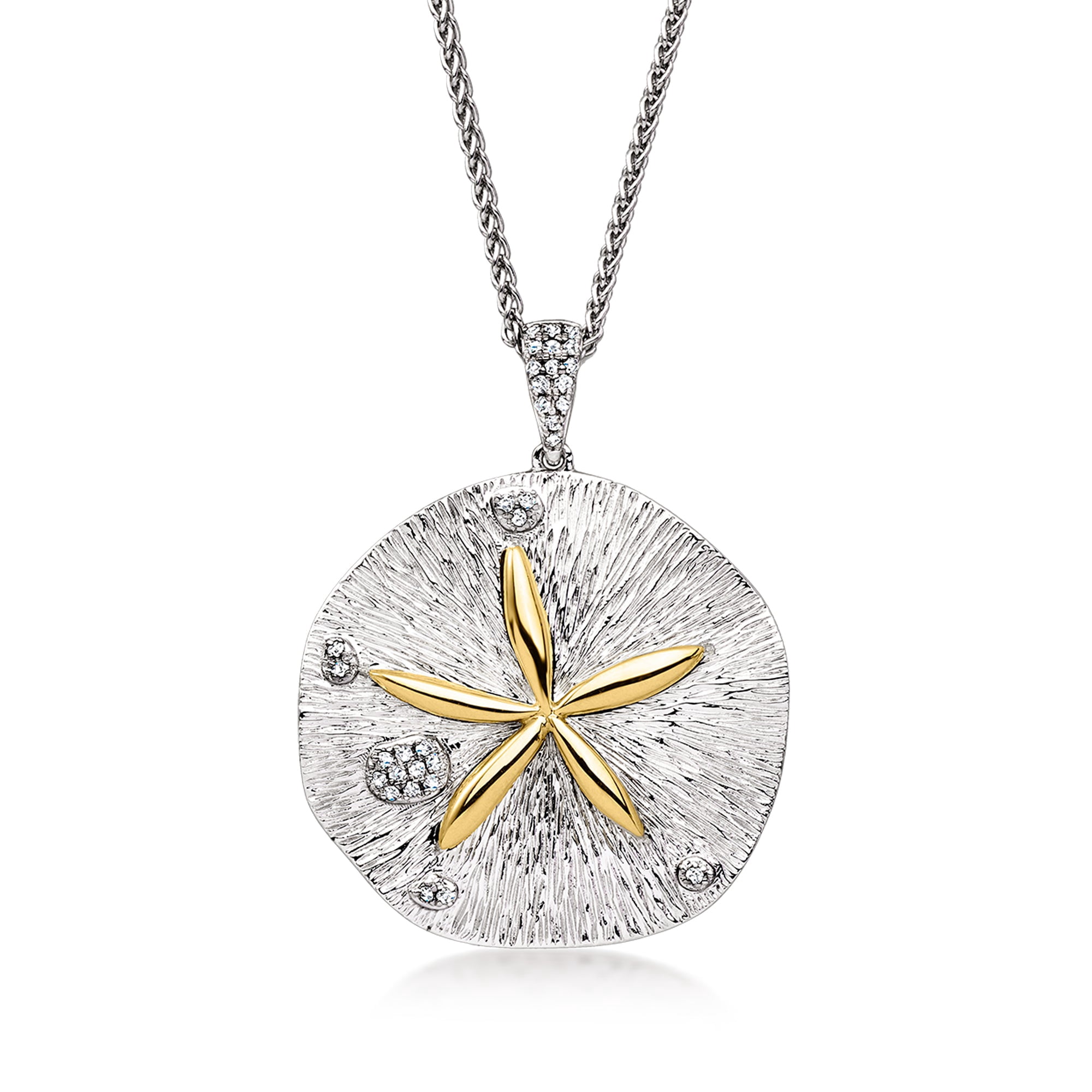 Ross-Simons 0.10 ct. t.w. Diamond Sand Dollar Pendant Necklace in Sterling Silver and 14kt Yellow Gold, Women's, Adult