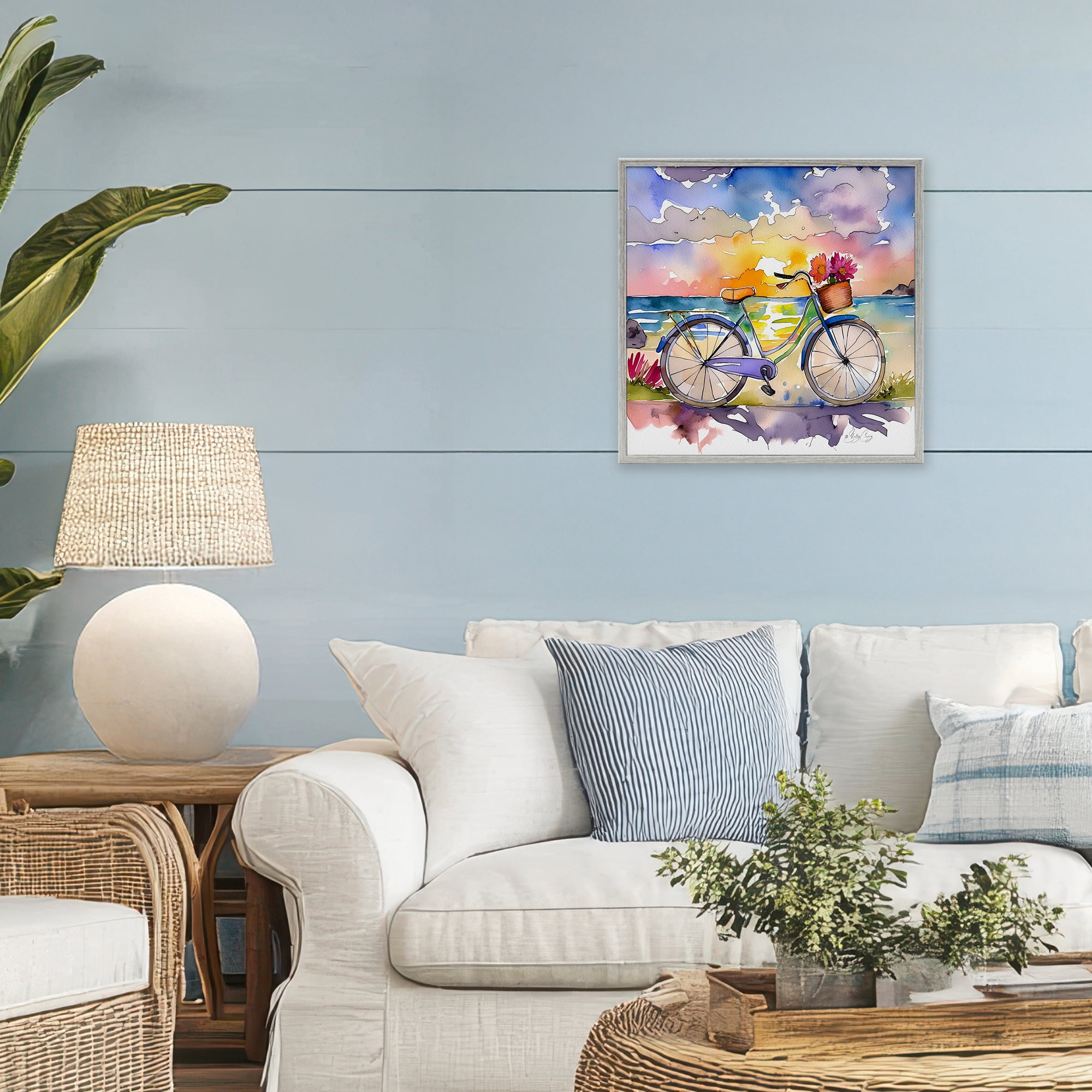 Stupell Industries Bicycle By The Seaside Gray Framed Giclee Art, design by Shelly Craig