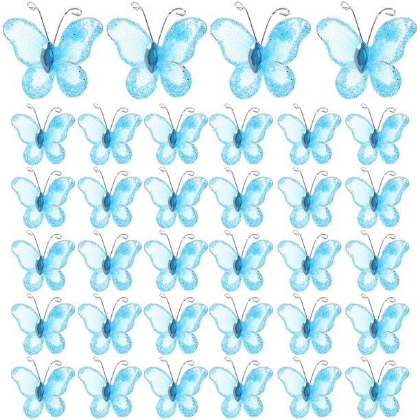 EeaseMX Mariposa de brillo de alambre de malla transparente de 50 piezas con gema (azul)