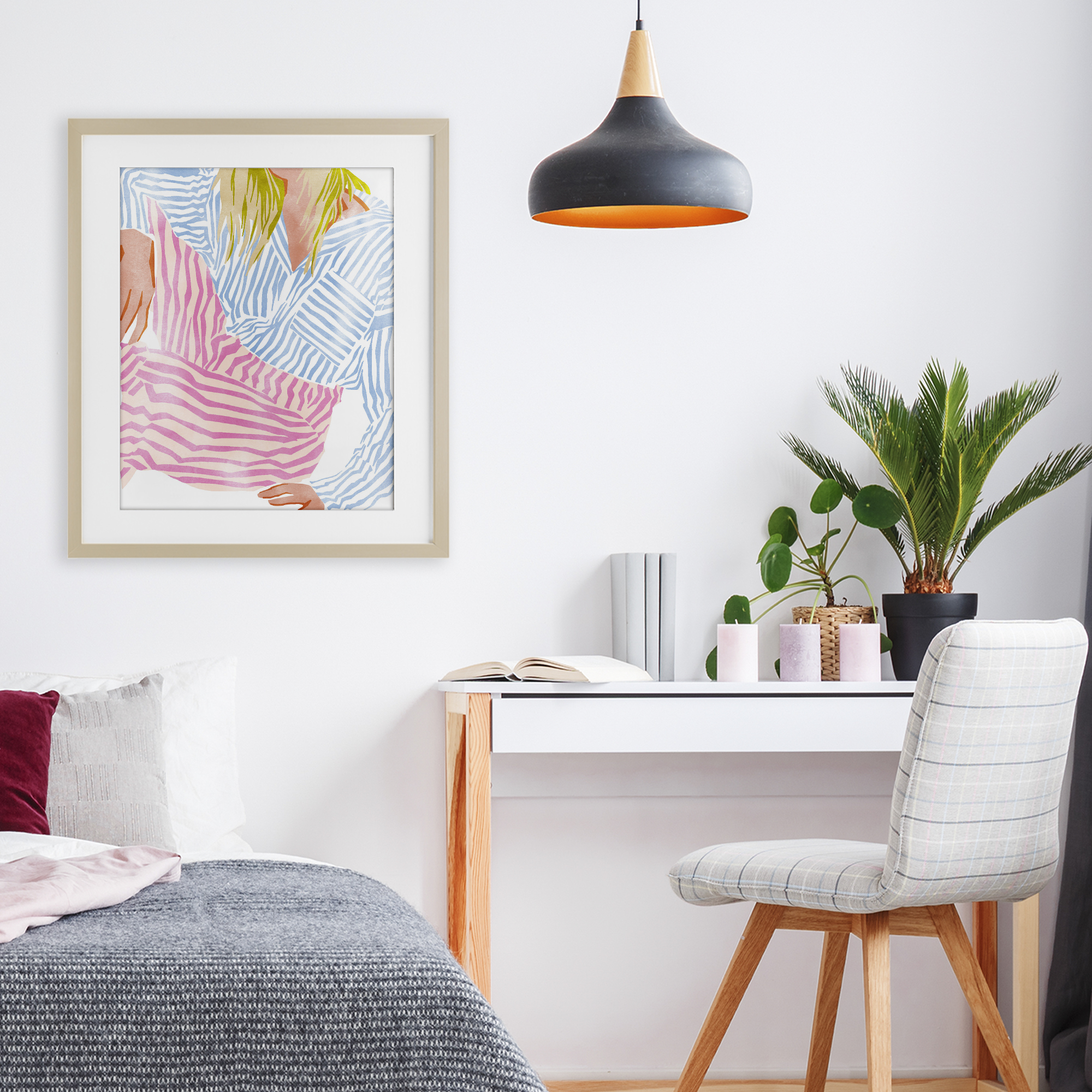 Female in Pastel Stripes Birch Framed Print Under Glass, design by Ziwei Li