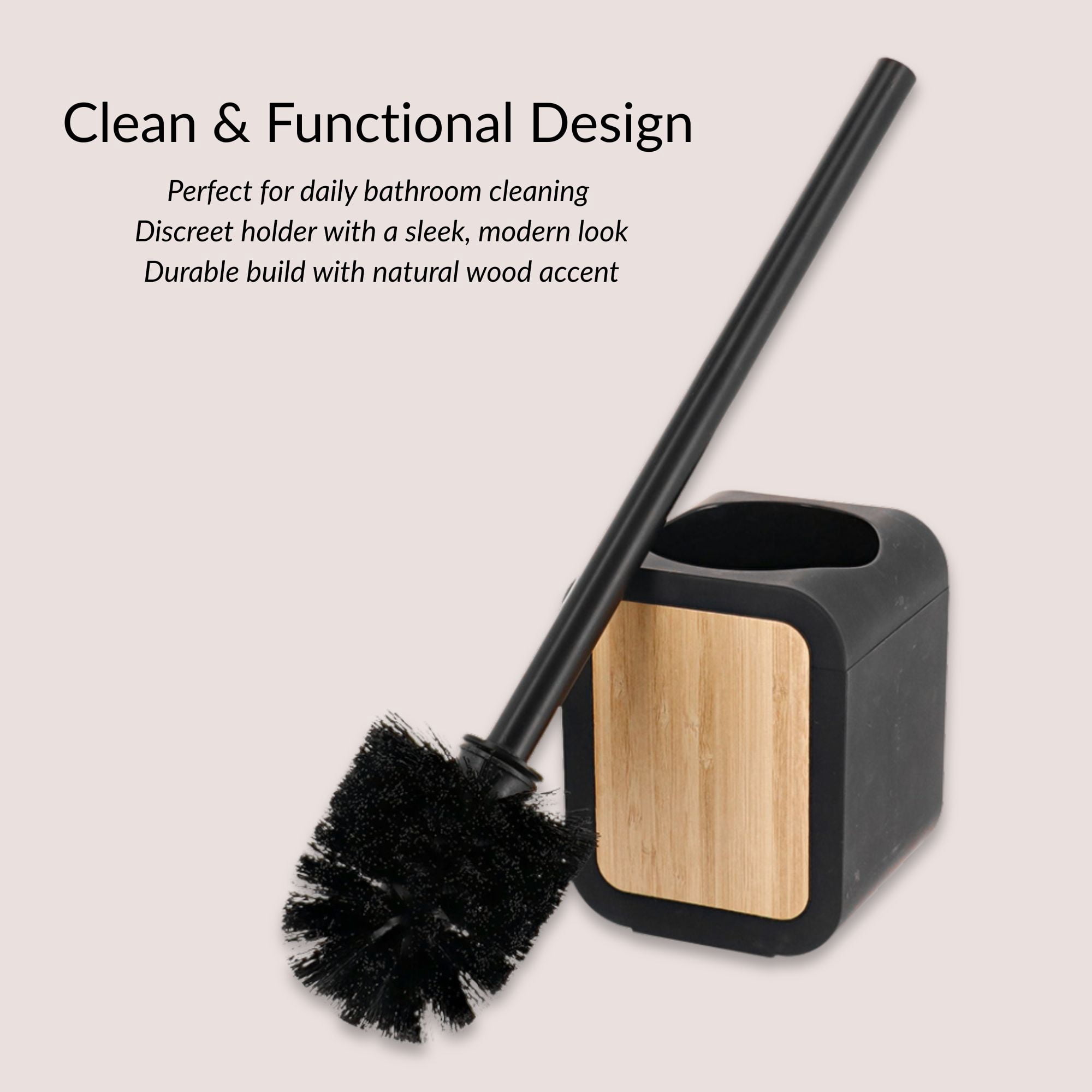 Toilet Brush and Holder Black Rubber and Bamboo