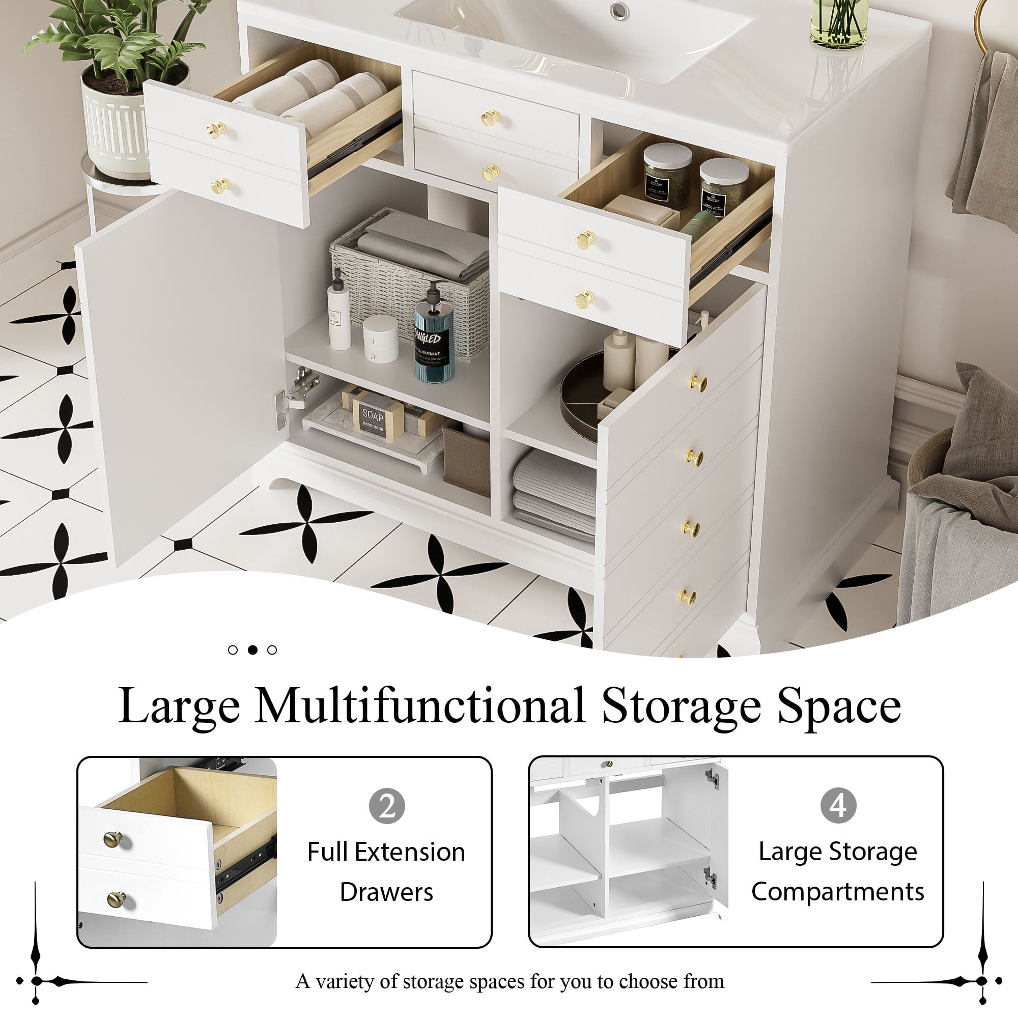 Harper & Bright Designs 36" Bathroom Vanity with Sink, Bathroom Storage Cabinet with Drawers, Single Sink Bathroom Vanity with Soft Closing Doors, White