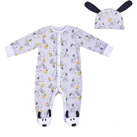 Peanuts Boy's Snoopy Footed Coverall Bodysuit Onesie with Hat Set