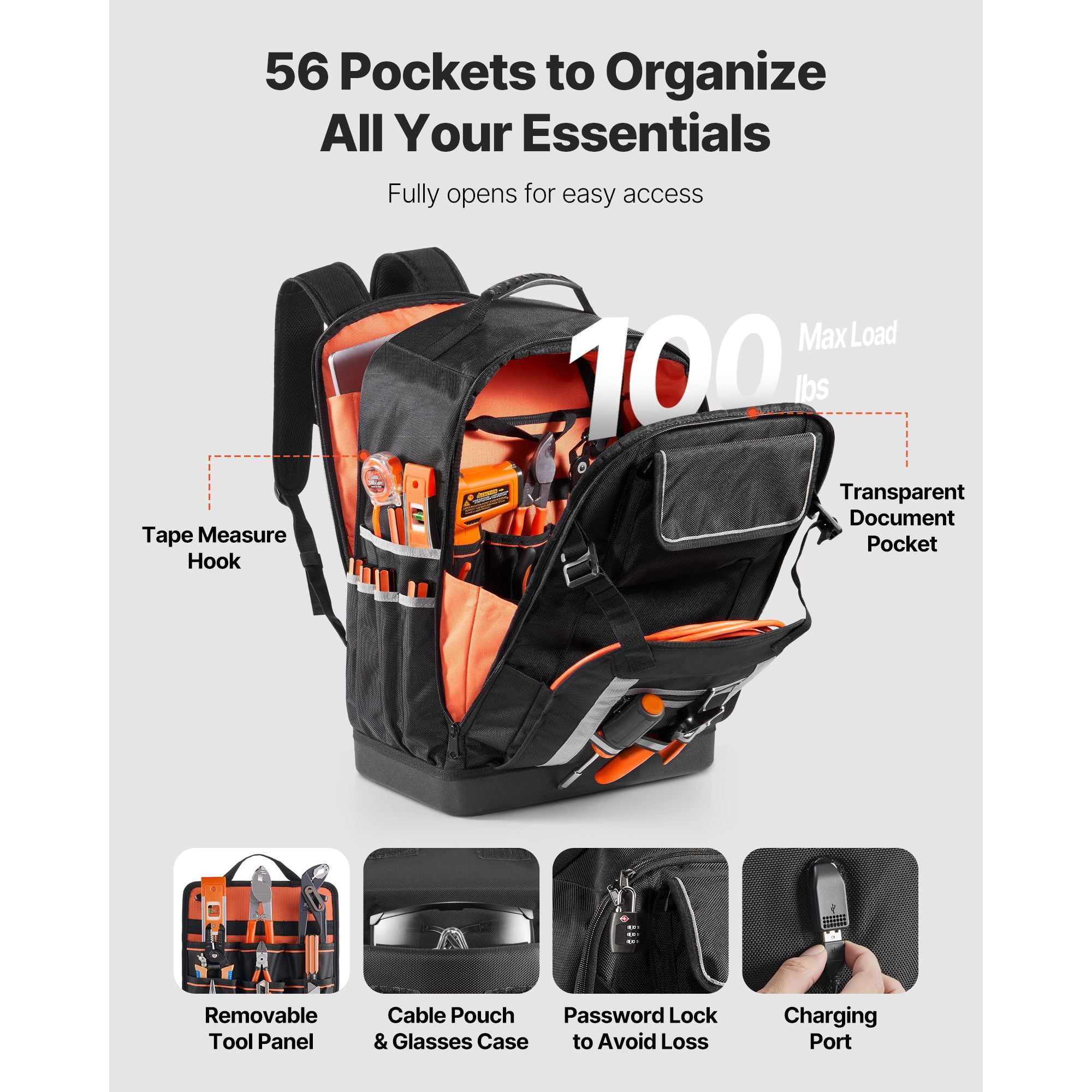 Tool Backpack 56 Pockets, 100 lbs Capacity, Ballistic Nylon, Combination Lock, Charging Port, for Electrician Plumber HVAC