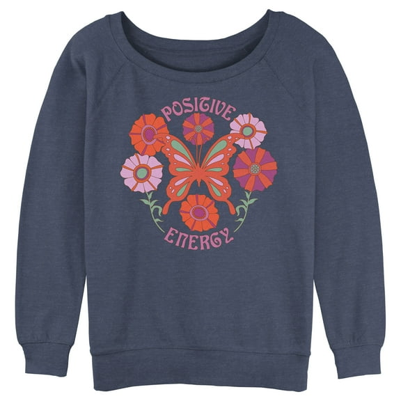 Junior's Lost Gods Positive Energy Butterfly Sweatshirt Blue Heather Small