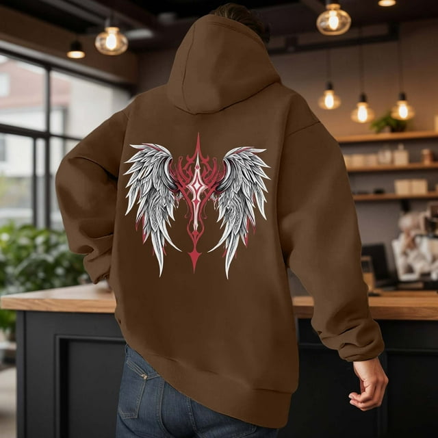 MHFRRA Sudadera con Capucha Informal con Estampado de Alas de Ángel de Invierno, Sudadera con Forro Suave, Sudadera Acogedora con Bolsillo Frontal para Exteriores Marrón