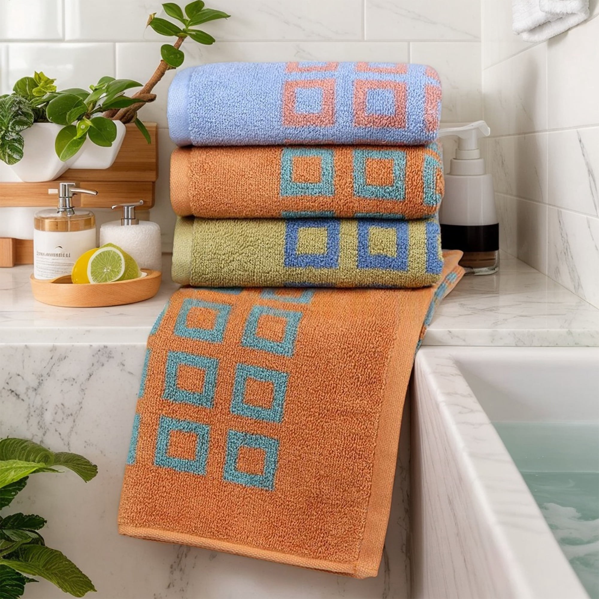 Unique Bargains Geometry Patterned Cotton Hand Towels Blue 4 Pcs