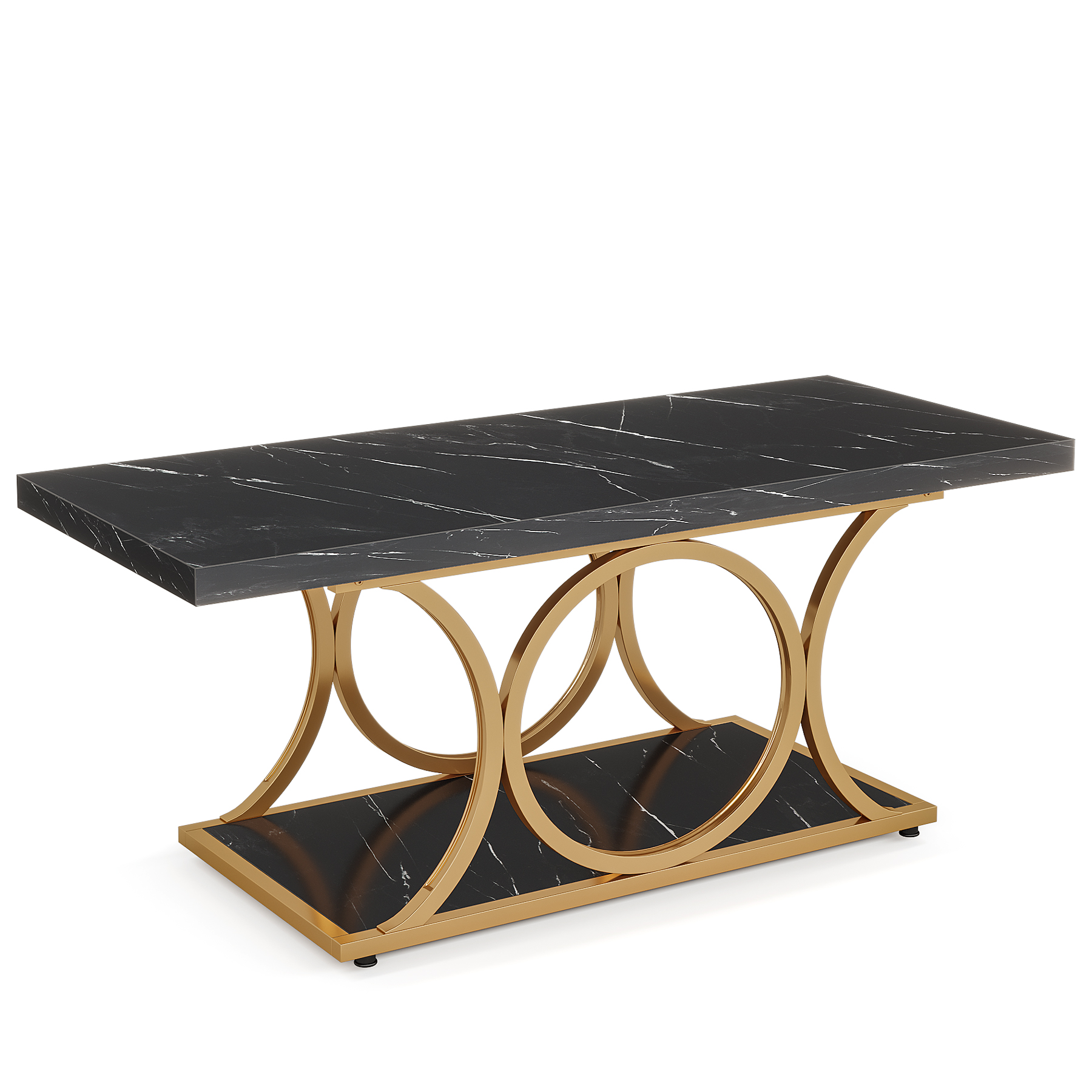 Fnova 47.24" Rectangular Coffee Table, Modern 2-Tier Imitation Marble Wood Coffee Tables with Storage Shelf for Living Room, Geometric Metal Legs, Easy Assembly