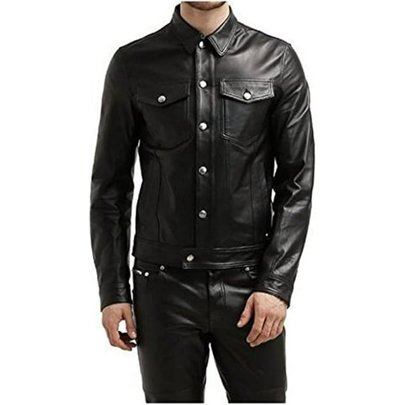 Men Leather Black Collar Shirt caual leather jacket A337