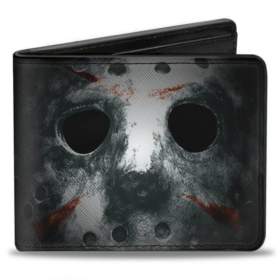 Warner Bros. Horror Movies Wallet, Bifold, Jason Mask Close Up Friday the 13th Black Grays Red, Vegan Leather