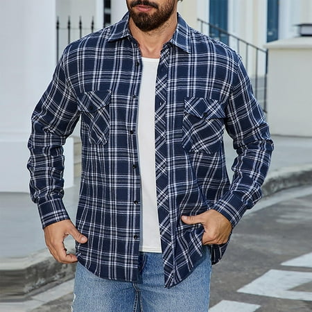 Mens Plaid Shirt Classic Checked Shirt Mens Casual Button-Down Shirts Long Sleeve for Daily Wear Navy S