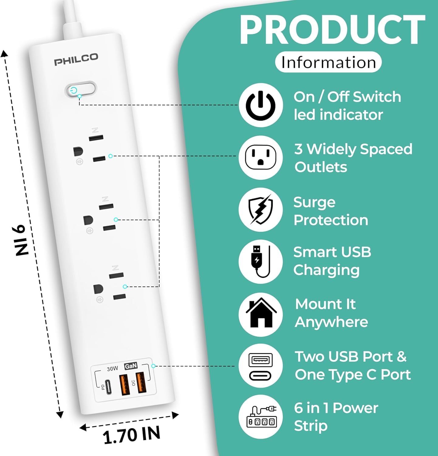 Philco Surge Protector Power Strip, Power Outlet, Surge Protector with USB Ports, 30W 3 Outlets W/ 1 USB-C & 2 USB-A Ports, 6ft Extension Cord with Multiple Outlets, Flat Plug, Home Office Essentials