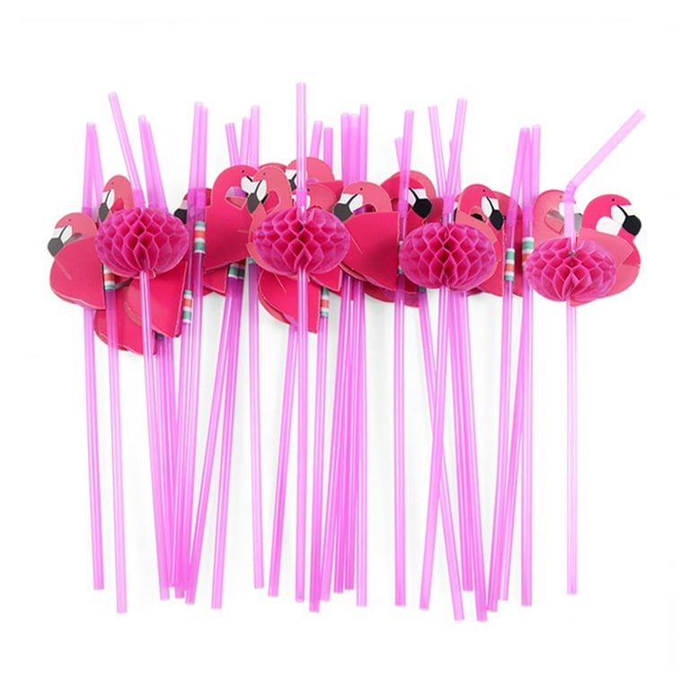 ALINK 50 Pink Flamingo Straws, Plastic Drinking Straws for Luau Party Supplies/Hawaiian/Birthday/Pool Party Decorations