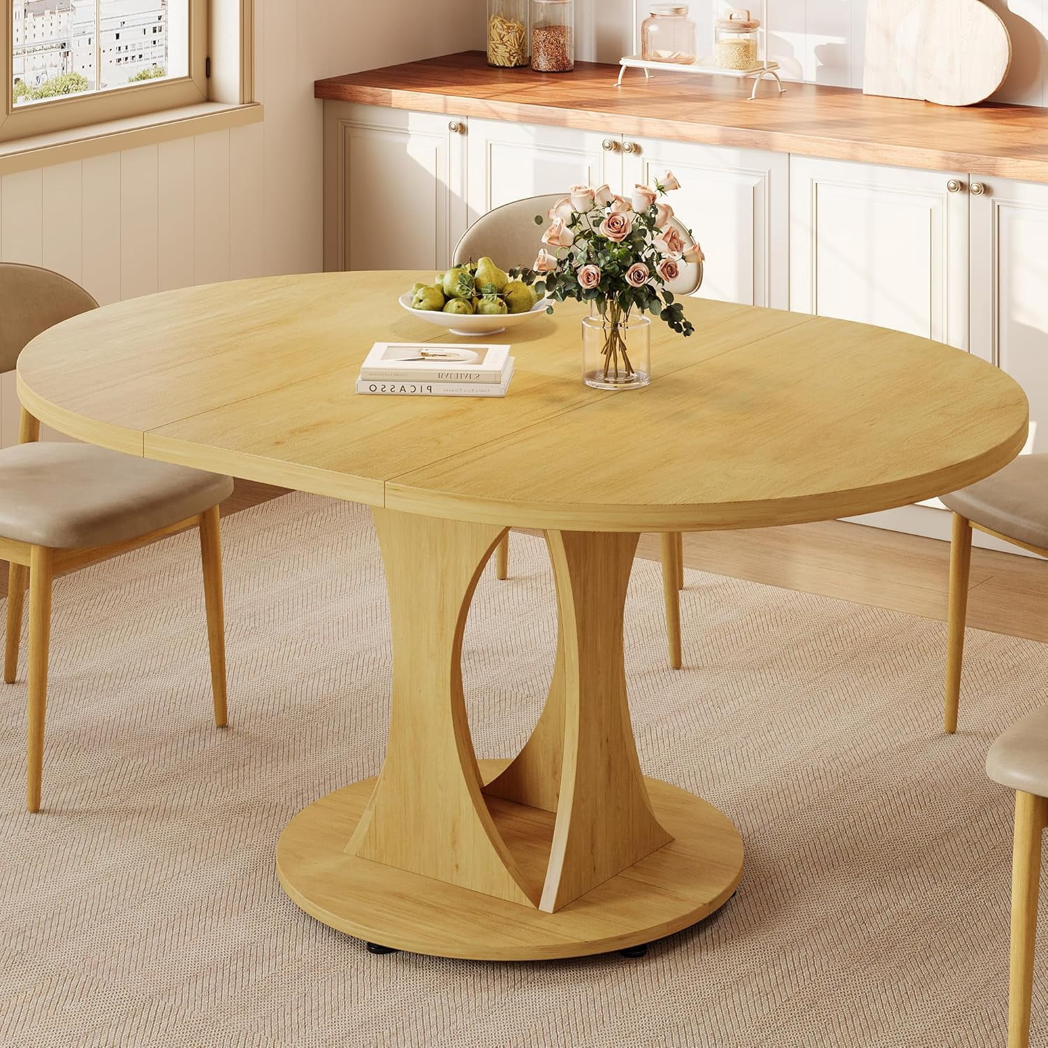 Virans 43.3"-59" Extendable Round Dining Table for 6-8,Kitchen Table with MDF,Modern Dinner Table for Dining Rooms,Living Rooms,Natrual