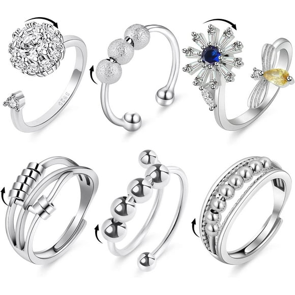 6PCS Anti Anxiety Fidget Ring for Women, Open Adjustable Ring, CZ Cubic Zirconia Diamond Rings, Rotatable Bead Rings, Bee Daisy Rings Set for Women Girls Stress Relief