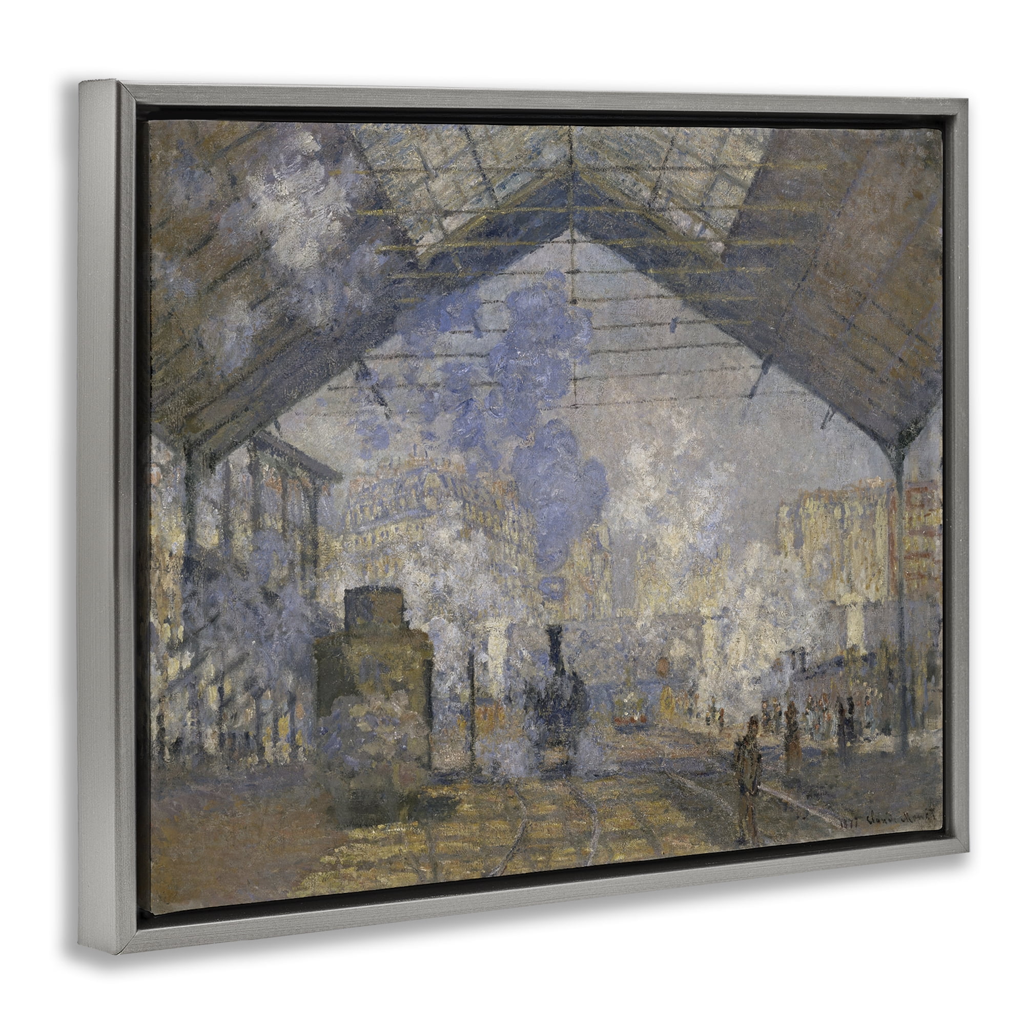 Stupell Industries Classic Monet Saint-Lazare Station Buildings & Architecture Painting Gray Floater Framed Canvas Art Print Wall Art, 31 x 25